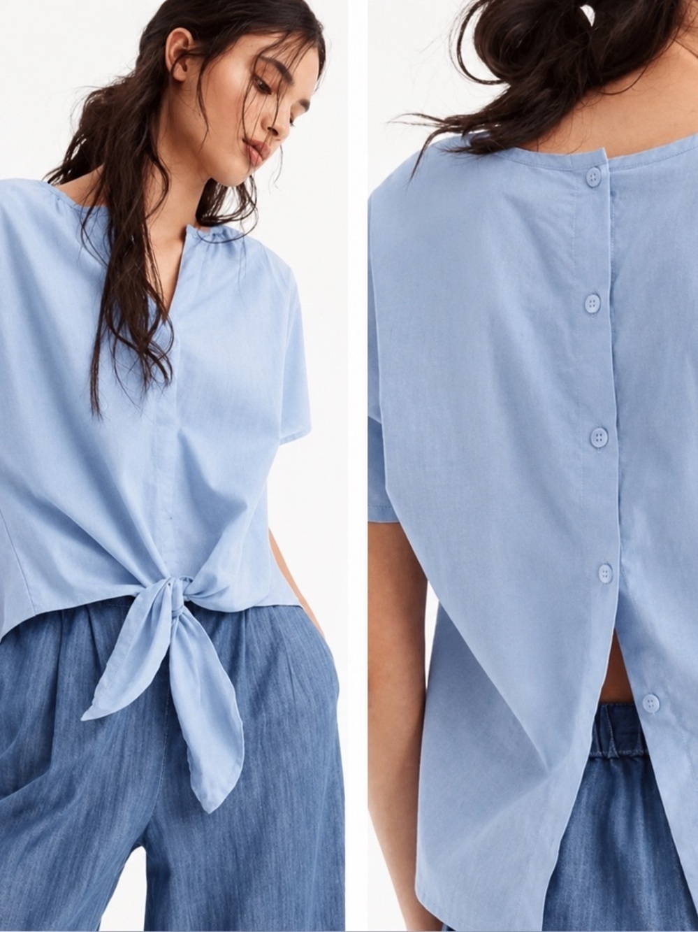 J Crew Blue Short Sleeve Tie Knot Front Button Back Cotton Poplin Shirt  XL Tall